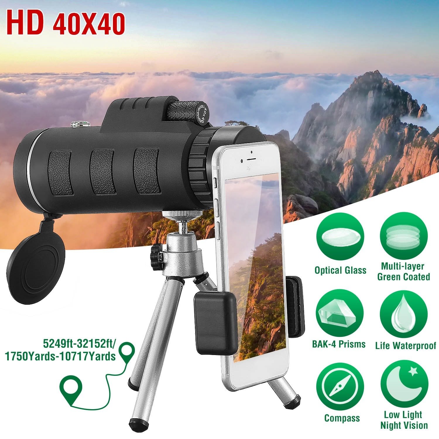 40x40 HD Optical Monocular Telescope w/ FMC Lens Low Light Vision Scope Phone Holder Tripod Compass 40x40 HD Optical Monocular Telescope w/ FMC Lens Low Light Vision Scope Phone Holder Tripod Compass