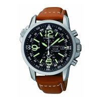 Seiko SSC081 Prospex Solar Watch. Mens- Brown Leather Black Dial Chronograph Compass Watch