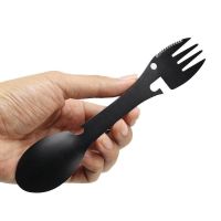 Camping Fork Spoon Multi Function Spoon 5 In 1 Integrated Fork Spoon Outdoor Fork Spoon Picnic Cutting Knife Bottle Can Opener (Color: Black)